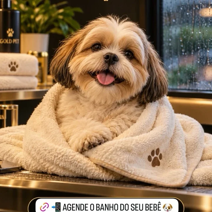 Shih-tzu feliz enrolado em toalha bege, com janela de chuva ao fundo