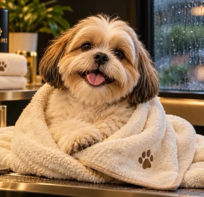 Shih-tzu enrolado em toalha após o banho