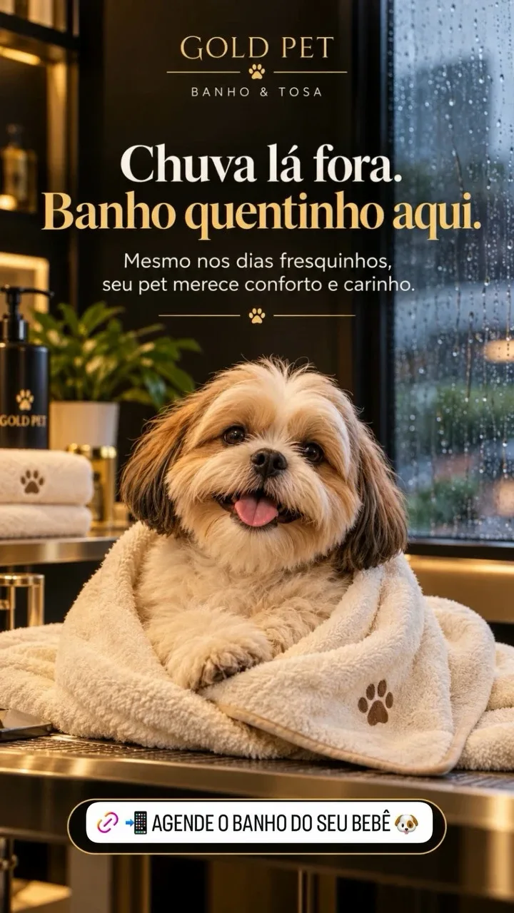 Post Gold Pet Banho & Tosa: “Chuva lá fora. Banho quentinho aqui.” com shih-tzu enrolado em toalha
